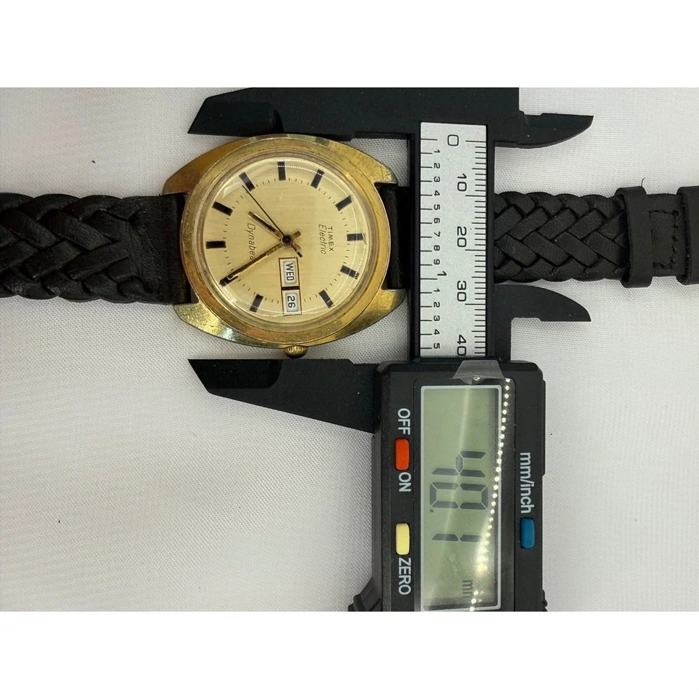 Vintage Timex Electric Dynabeat Gold Tone Day Date Watch Black Braided Leather